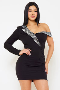 RHINESTONE ONE SHOULDER SUIT MINI DRESS