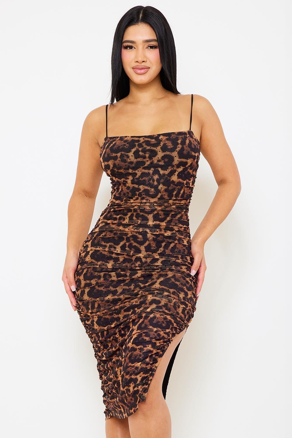 LEOPARD PRINT WITH RHINESTONE PLEATED MIDI DRESS