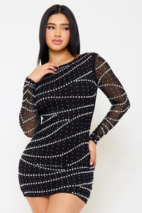 SMALL AND LARGE RHINESTONE PATTERNED MESH MINI DRESS