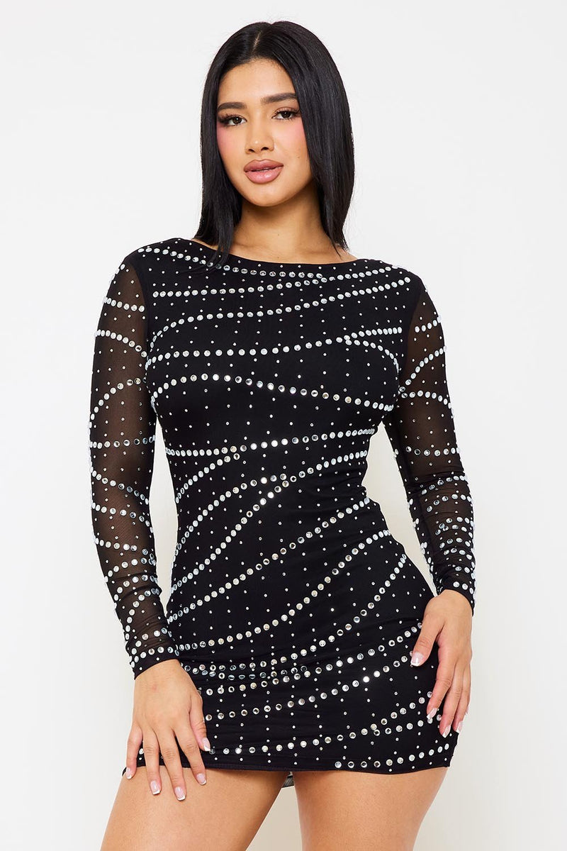 SMALL AND LARGE RHINESTONE PATTERNED MESH MINI DRESS