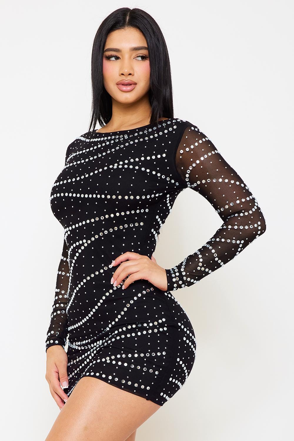 SMALL AND LARGE RHINESTONE PATTERNED MESH MINI DRESS