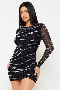 SMALL AND LARGE RHINESTONE PATTERNED MESH MINI DRESS