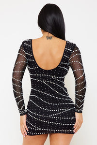 SMALL AND LARGE RHINESTONE PATTERNED MESH MINI DRESS