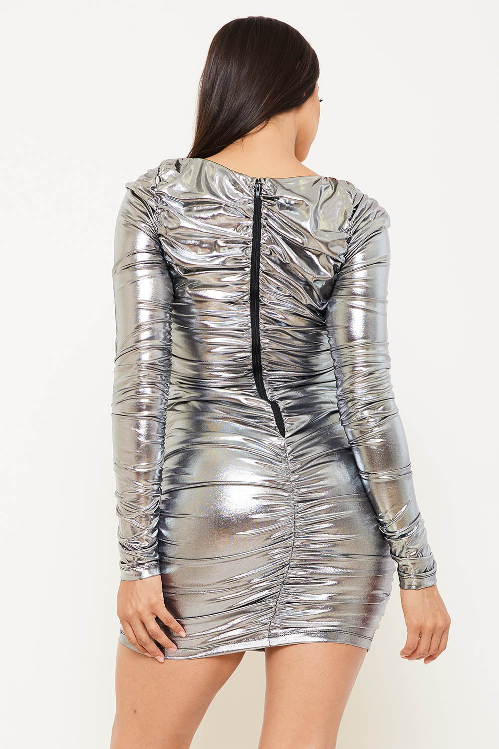 METALLIC FOIL RUCHED MINI DRESS