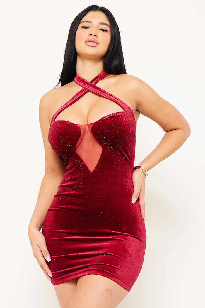 RHINESTONE ON VELVET CRISS-CROSS HALTER NECK MINI DRESS