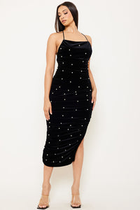 VELVET WITH PEARL MIDI DRESS