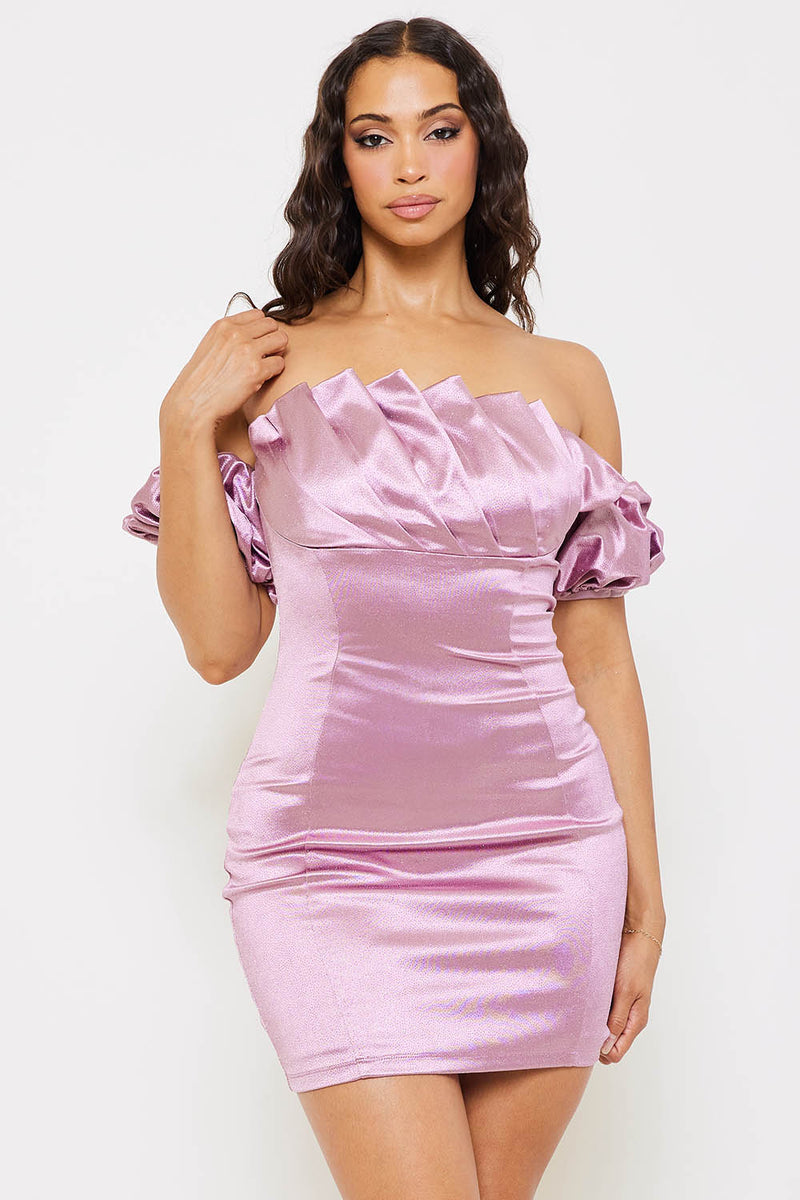 GLITTERED SATIN PLEATED MINI DRESS