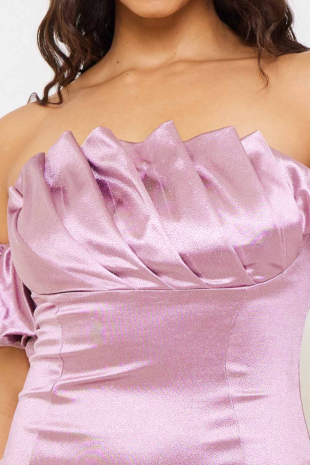 GLITTERED SATIN PLEATED MINI DRESS