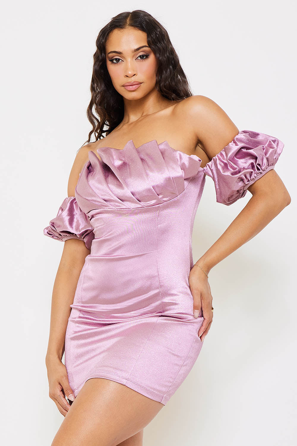 GLITTERED SATIN PLEATED MINI DRESS