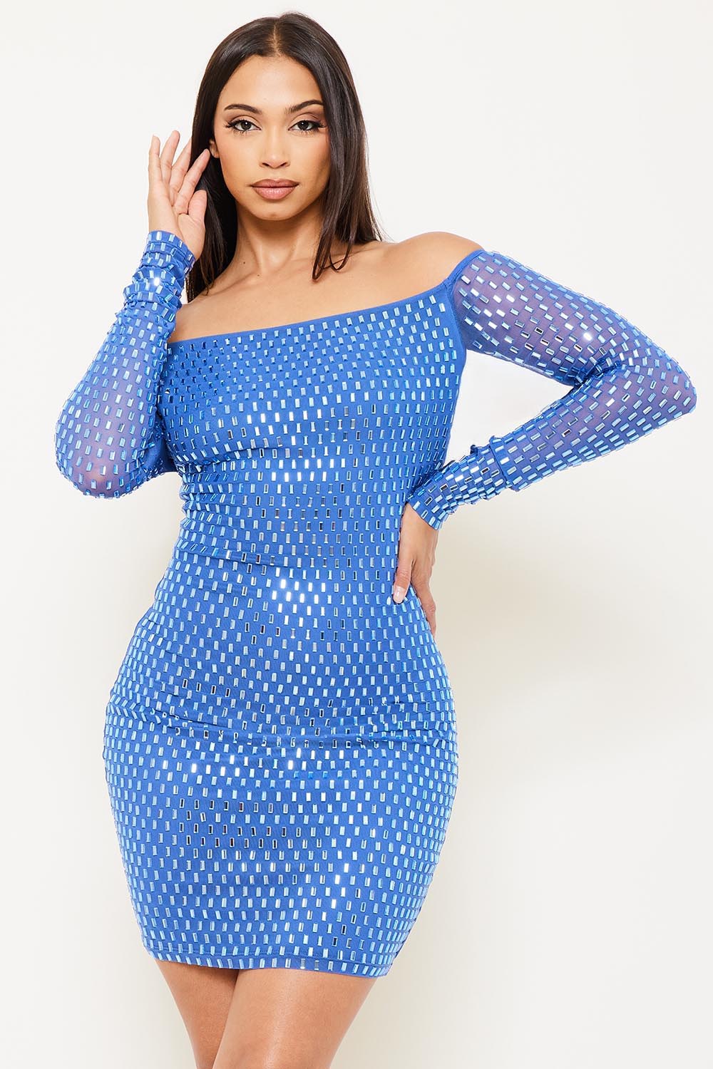 RHINESTONE ON POWER MESH OFF THE SHOULDER MINI DRESS