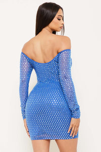 RHINESTONE ON POWER MESH OFF THE SHOULDER MINI DRESS