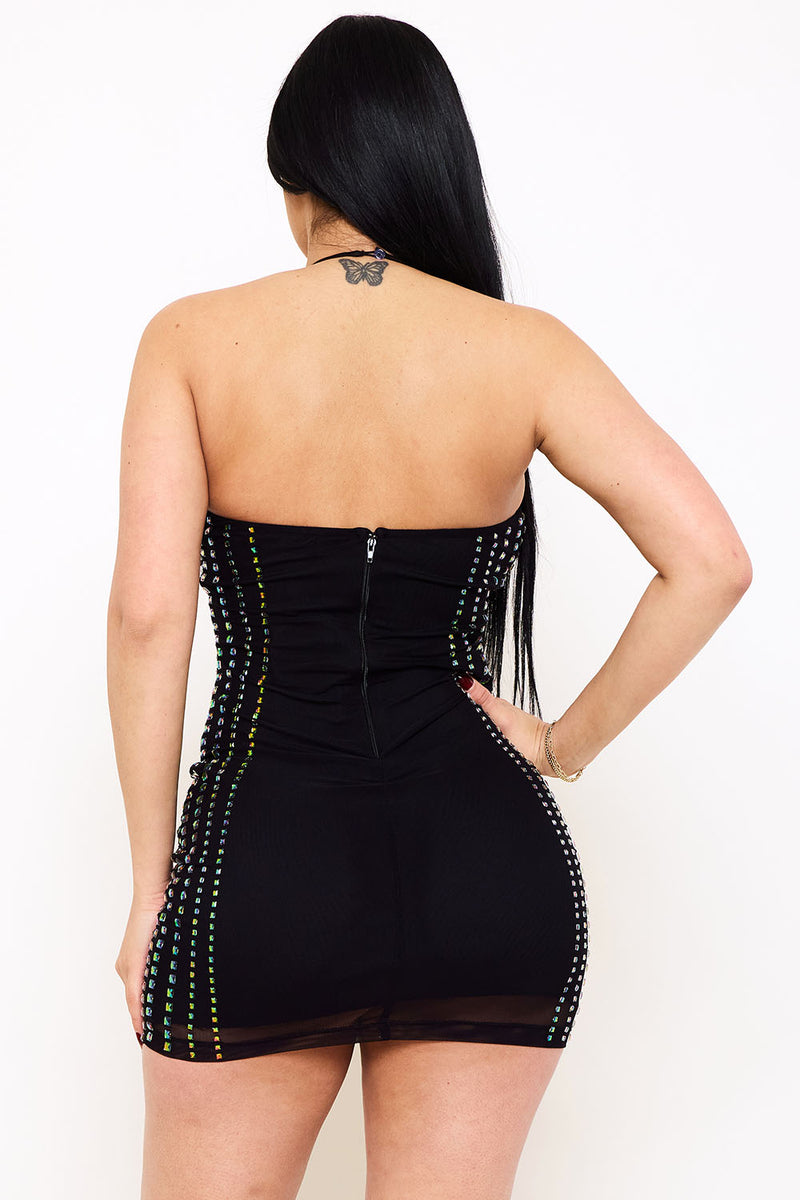 SQUARE RHINESTONE POWER MESH MINI DRESS