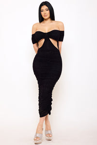 RHINESTONE OFF THE SHOULDER POWER MESH PLEATED MAXI DRESS