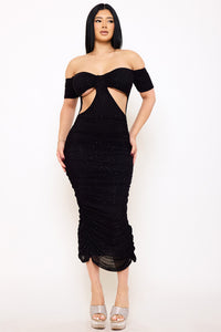 RHINESTONE OFF THE SHOULDER POWER MESH PLEATED MAXI DRESS