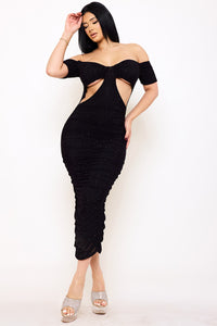 RHINESTONE OFF THE SHOULDER POWER MESH PLEATED MAXI DRESS