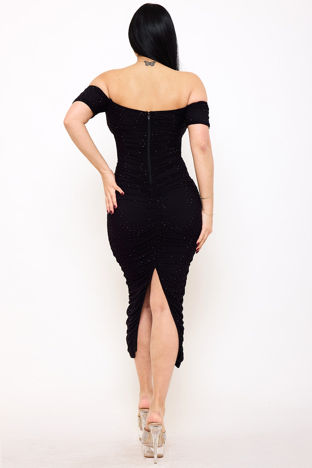 RHINESTONE OFF THE SHOULDER POWER MESH PLEATED MAXI DRESS