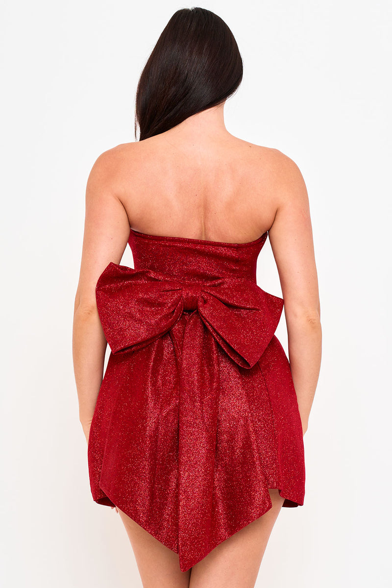 BONDED SHINY KNIT LARGE BOW ACCENT MINI DRESS