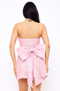 BONDED SHINY KNIT LARGE BOW ACCENT MINI DRESS