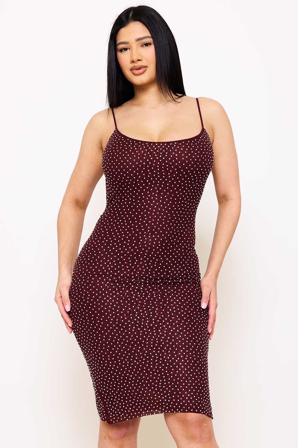 RHINESTONE ON STRETCH WAVY MESH MINI DRESS