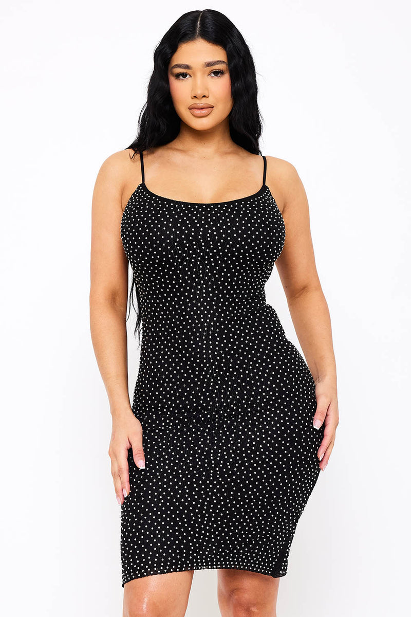 RHINESTONE ON STRETCH WAVY MESH MINI DRESS