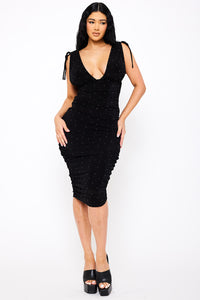 DEEP V-NECKLINE SOFT SLINKY MIDI DRESS