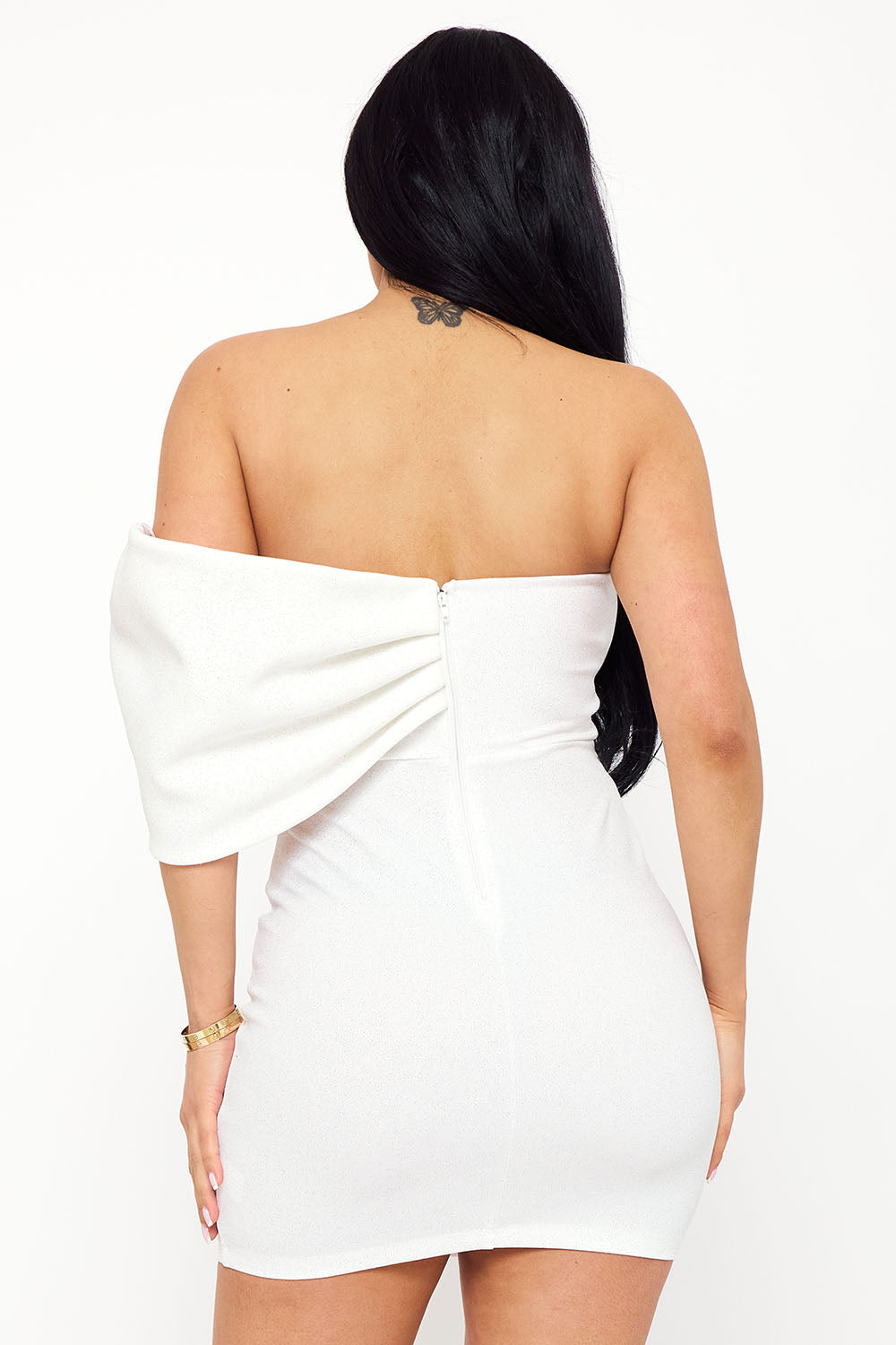 GLITTER WITH LARGE BOW ON ONE SHOULDER MINI DRESS