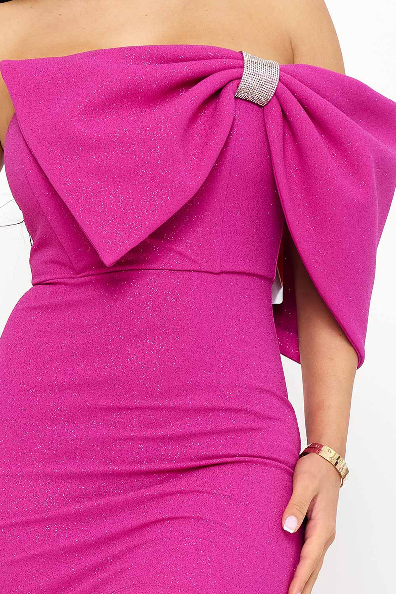 GLITTER WITH LARGE BOW ON ONE SHOULDER MINI DRESS