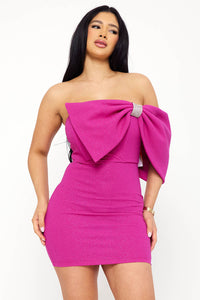 GLITTER WITH LARGE BOW ON ONE SHOULDER MINI DRESS