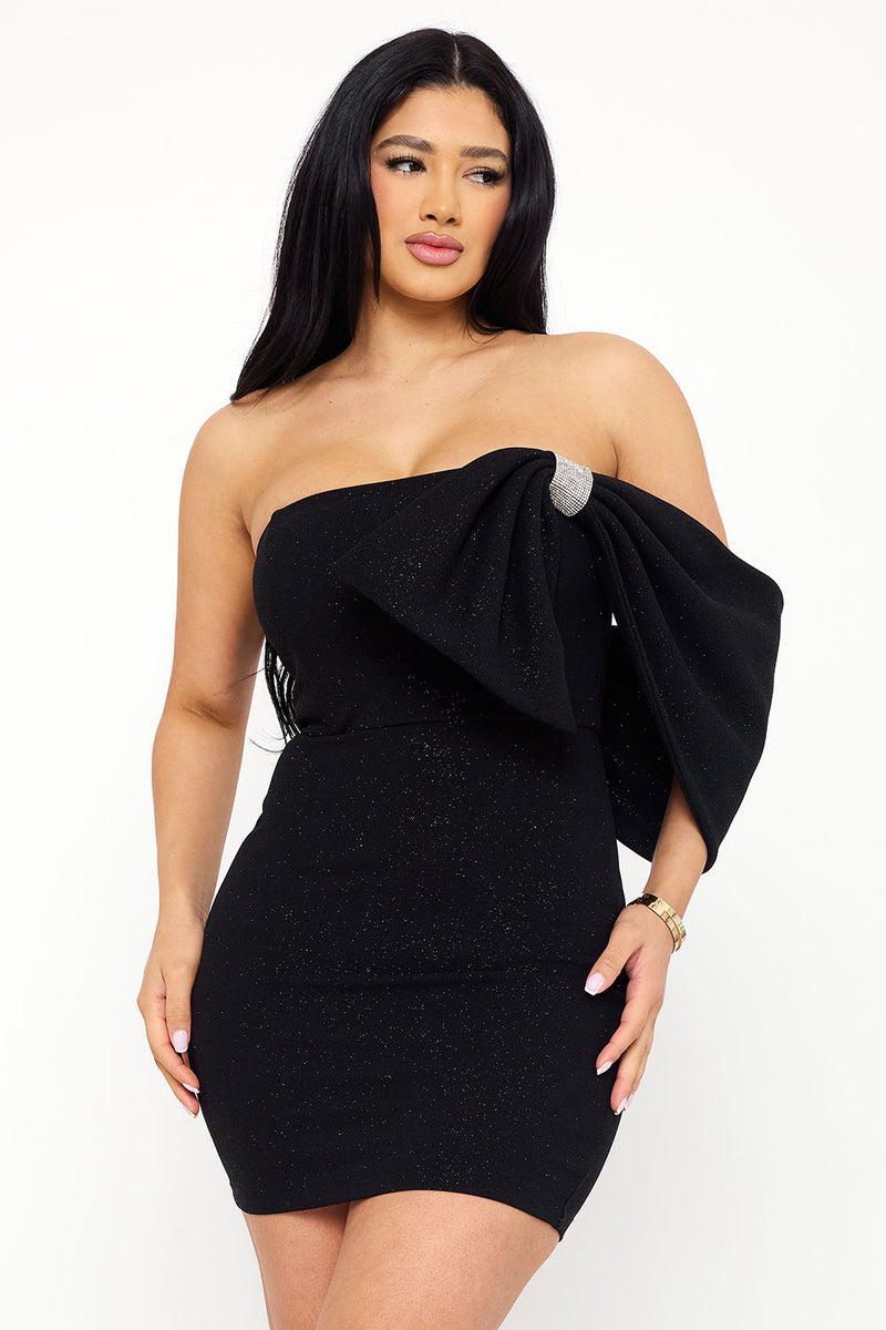 GLITTER WITH LARGE BOW ON ONE SHOULDER MINI DRESS