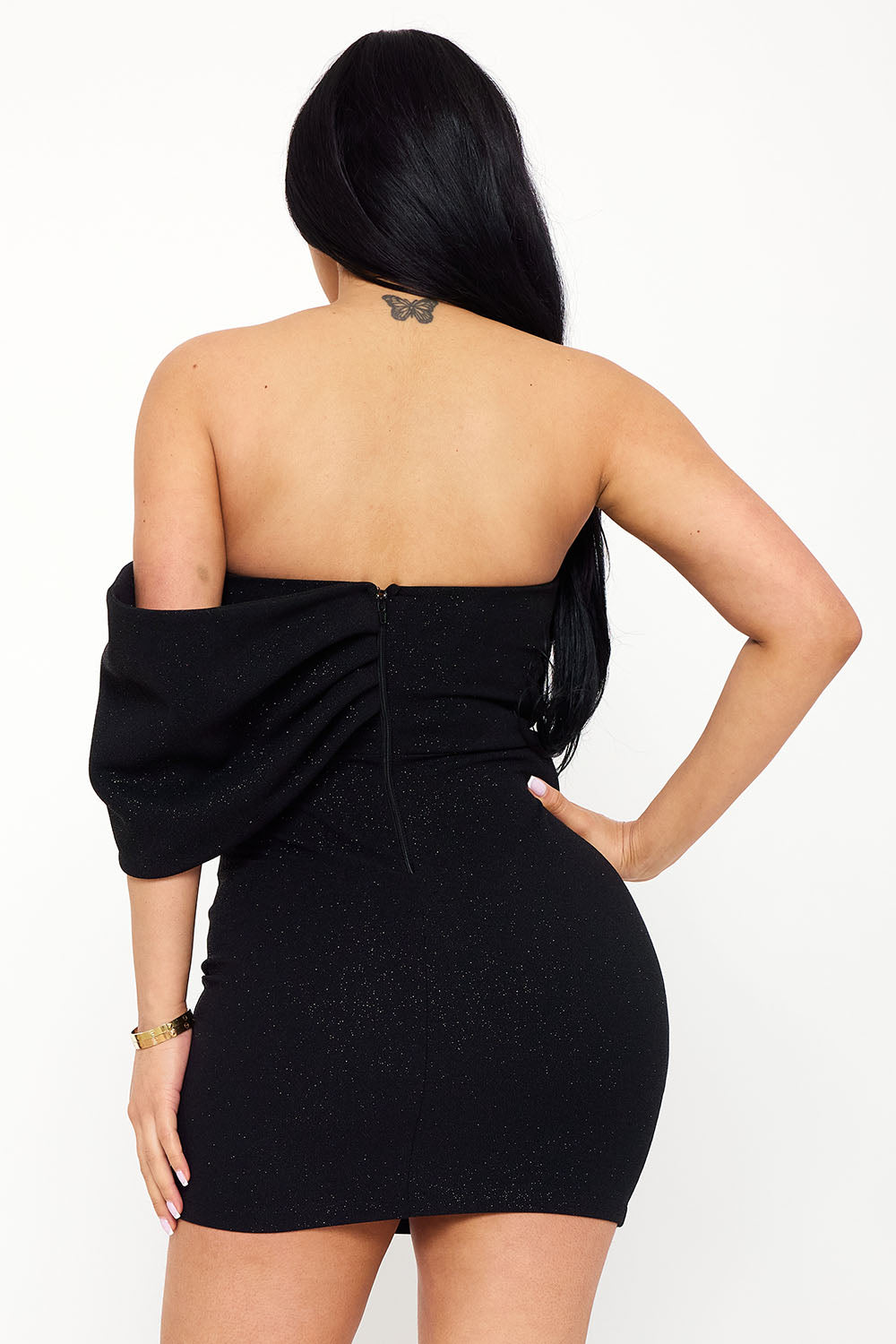 GLITTER WITH LARGE BOW ON ONE SHOULDER MINI DRESS