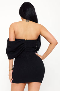 GLITTER WITH LARGE BOW ON ONE SHOULDER MINI DRESS