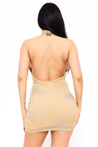 RHINESTONE POWER MESH COWL NECKLINE MINI DRESS