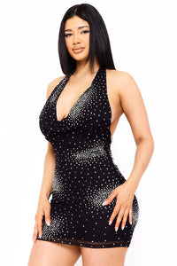 RHINESTONE POWER MESH COWL NECKLINE MINI DRESS