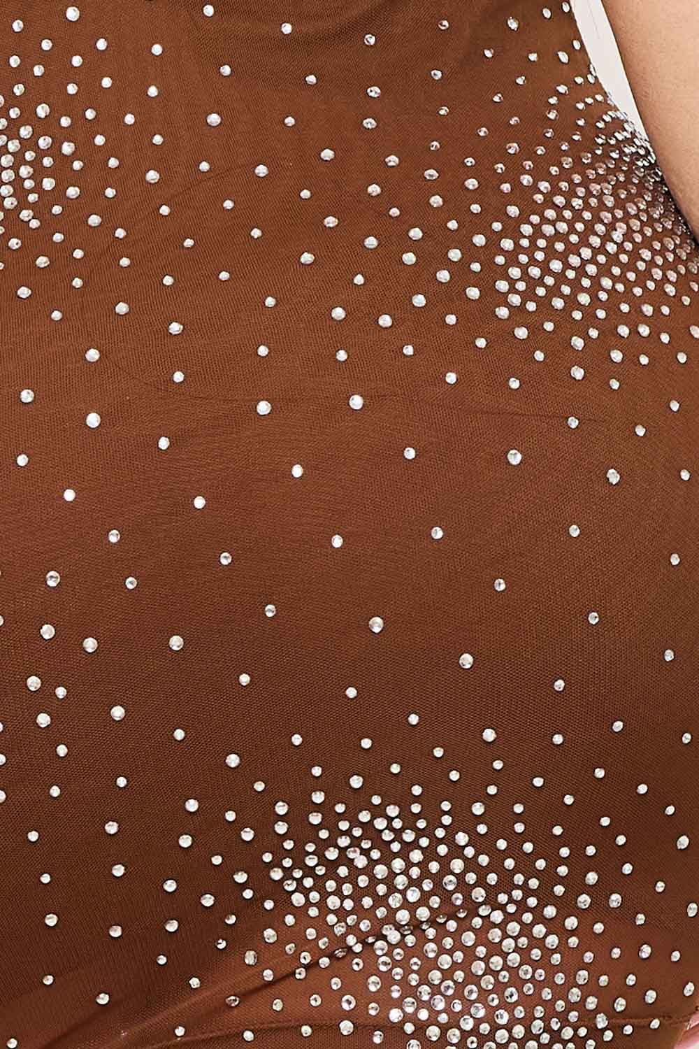 RHINESTONE POWER MESH COWL NECKLINE MINI DRESS