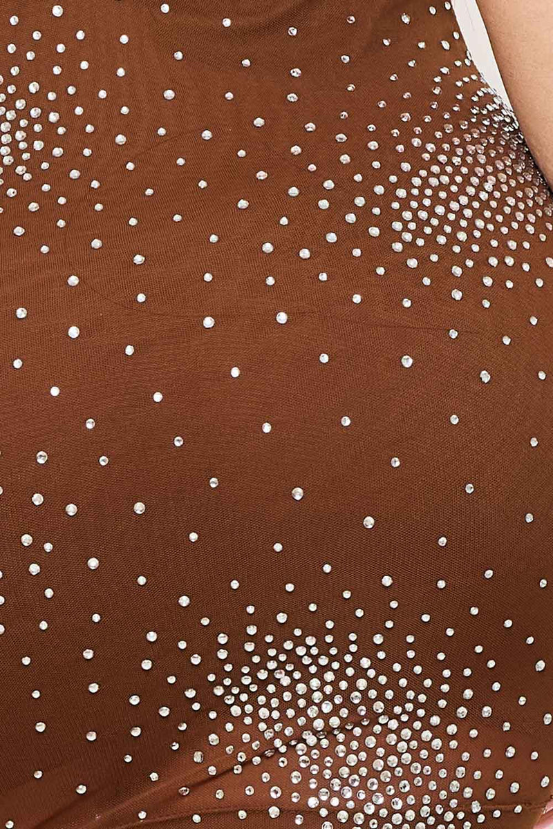 RHINESTONE POWER MESH COWL NECKLINE MINI DRESS