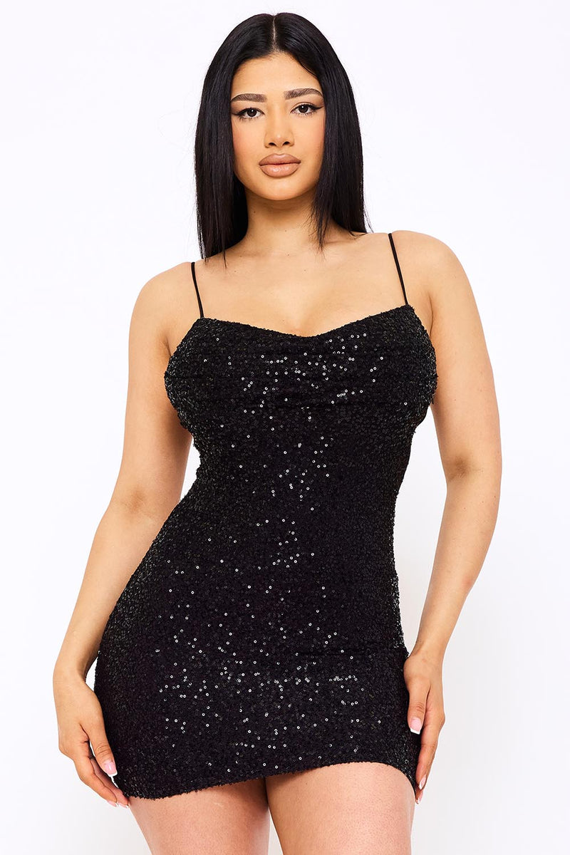 BUTTERFLY EMBROIDERED LACE BACK SEQUIN MINI DRESS