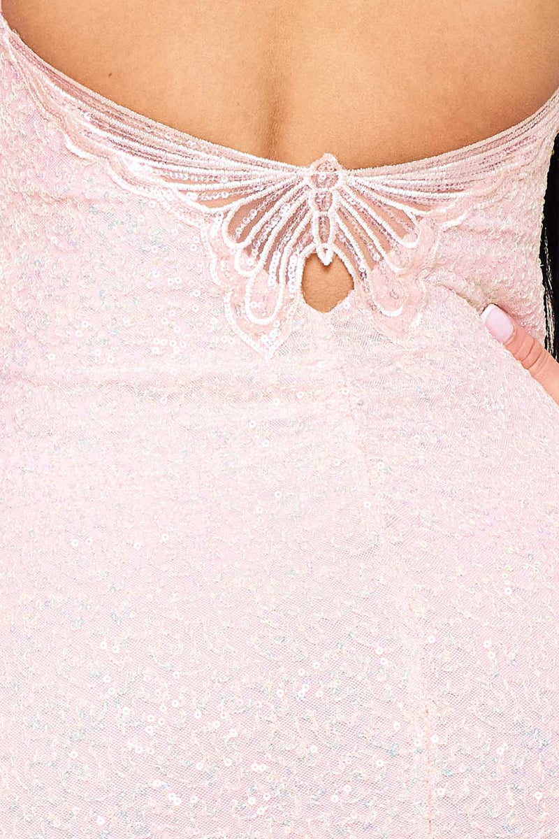 BUTTERFLY EMBROIDERED LACE BACK SEQUIN MINI DRESS