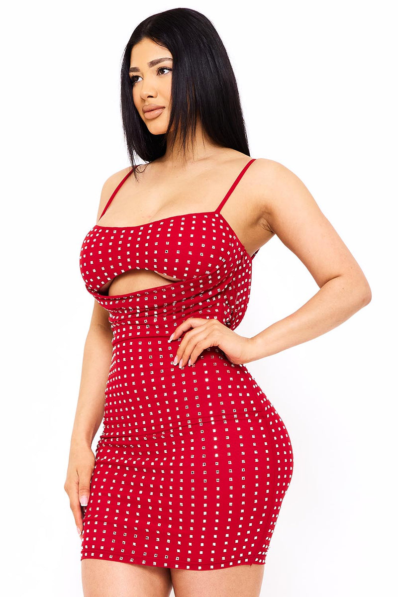RHINESTONE ON POWER MESH DRAPED FRONT MINI DRESS