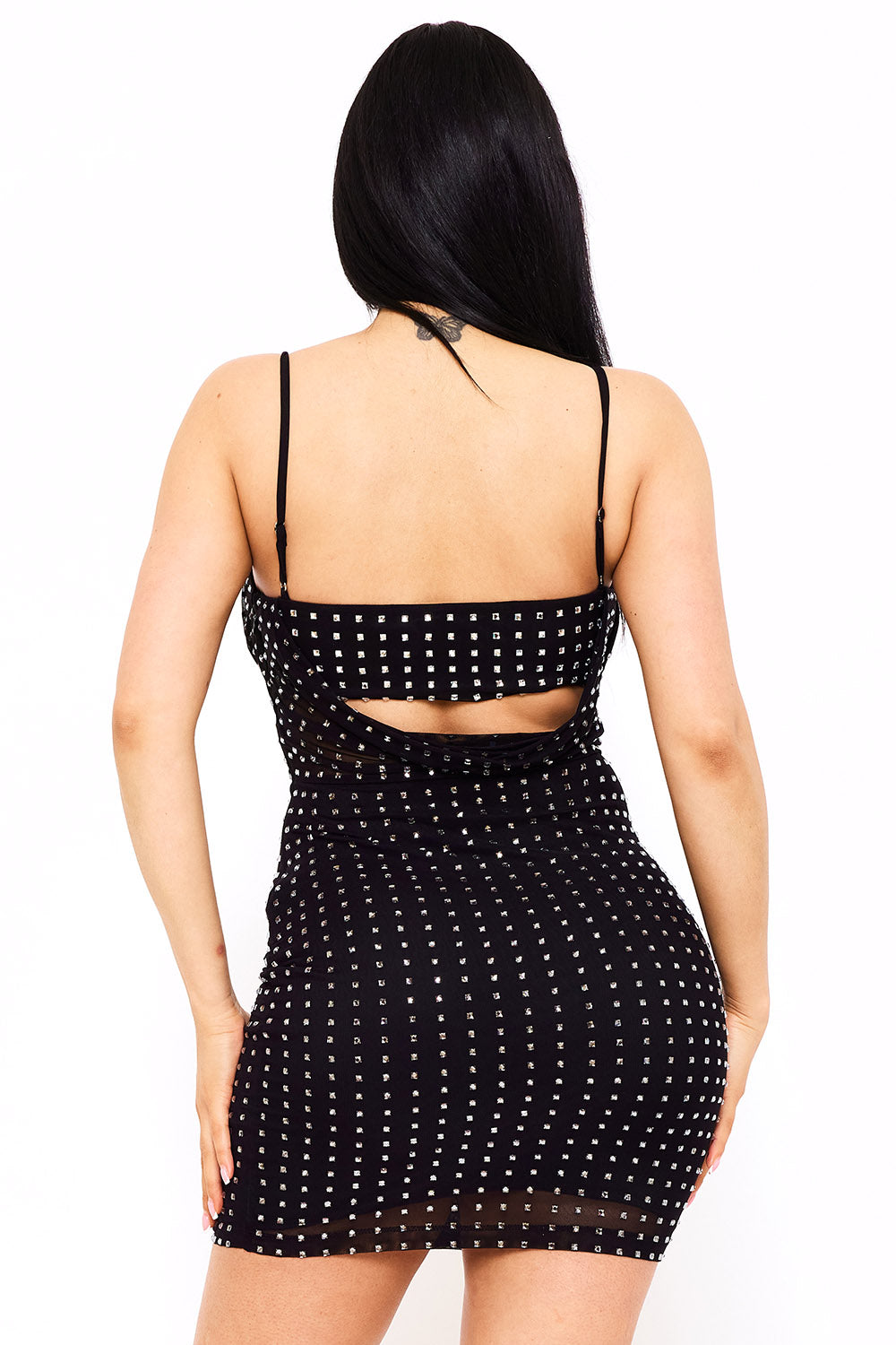 RHINESTONE ON POWER MESH DRAPED FRONT MINI DRESS