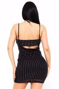RHINESTONE ON POWER MESH DRAPED FRONT MINI DRESS