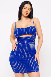 RHINESTONE ON POWER MESH DRAPED FRONT MINI DRESS