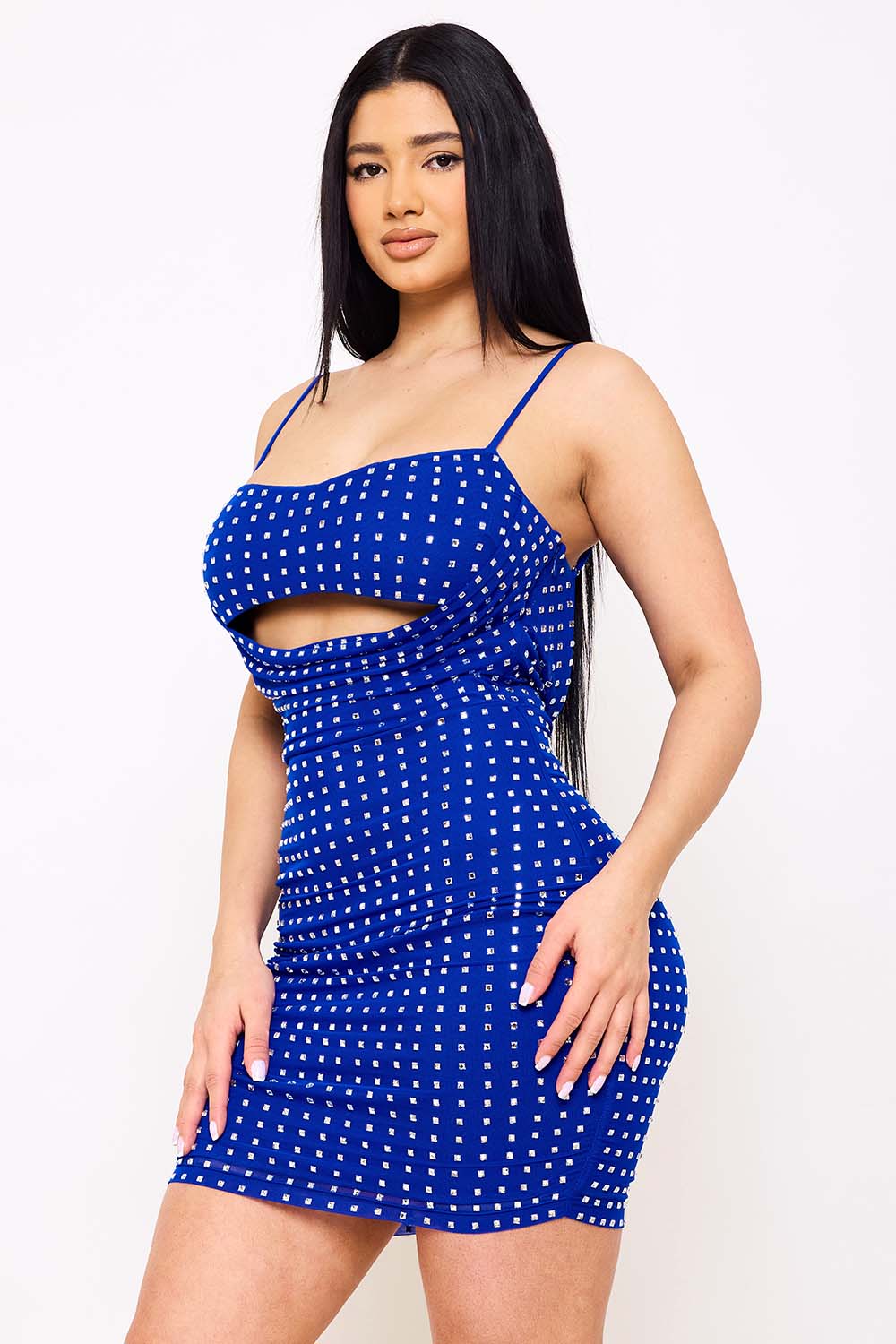 RHINESTONE ON POWER MESH DRAPED FRONT MINI DRESS