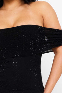 RHINESTONE ON POWER MESH OFF THE SHOUDLER MIDI DRESS
