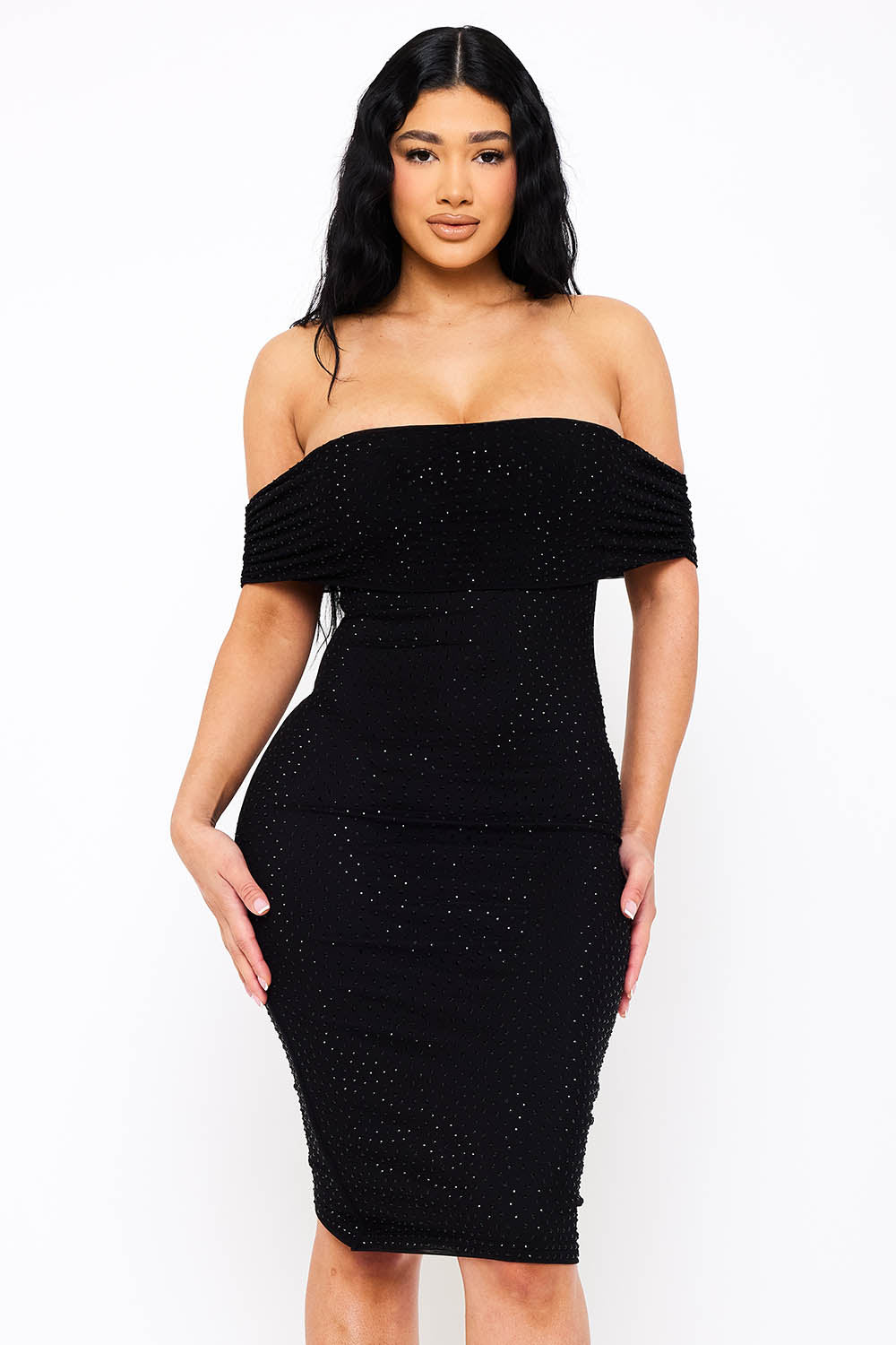 RHINESTONE ON POWER MESH OFF THE SHOUDLER MIDI DRESS