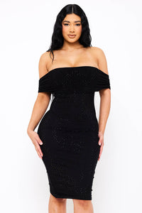 RHINESTONE ON POWER MESH OFF THE SHOUDLER MIDI DRESS