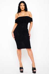RHINESTONE ON POWER MESH OFF THE SHOUDLER MIDI DRESS
