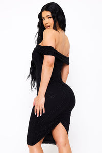 RHINESTONE ON POWER MESH OFF THE SHOUDLER MIDI DRESS