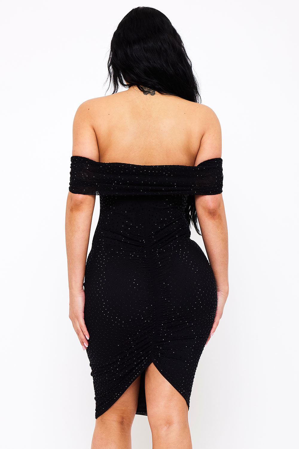 RHINESTONE ON POWER MESH OFF THE SHOUDLER MIDI DRESS