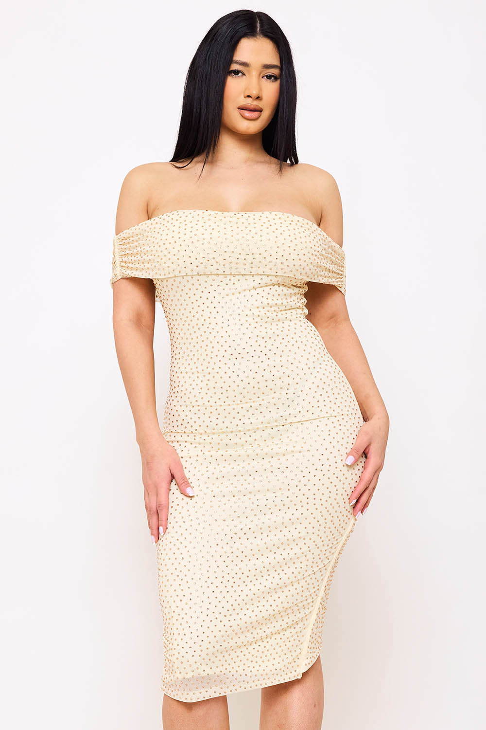 RHINESTONE ON POWER MESH OFF THE SHOUDLER MIDI DRESS