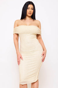 RHINESTONE ON POWER MESH OFF THE SHOUDLER MIDI DRESS